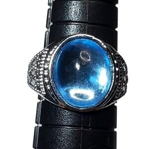 Silver Tone Ring Sz 5 Unsigned Light Blue Cabochon